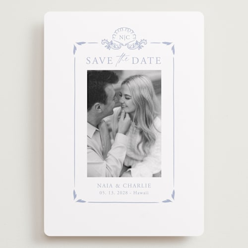 This is a pale cerulean save the date with standard by Sabrin Deirani called ocean dreams printing on recycled smooth signature in grand