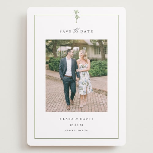 This is a leaf save the date with standard by Olivia Raufman called palm monogram printing on recycled smooth signature in grand