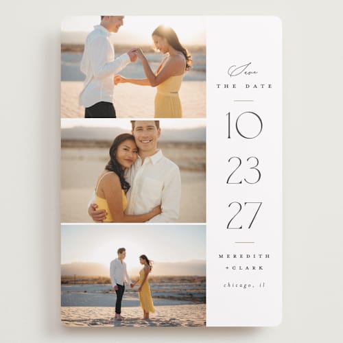 This is a cotton save the date with standard by Carolyn Nicks called elegant trio printing on recycled smooth signature in grand