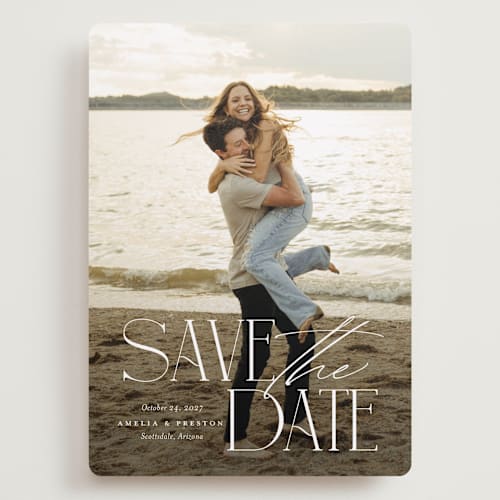 This is a sugar save the date with standard by Jessica Williams called stacked class printing on recycled smooth signature in grand