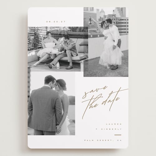This is a cognac save the date with standard by Kristie Kern called forte printing on recycled smooth signature in grand