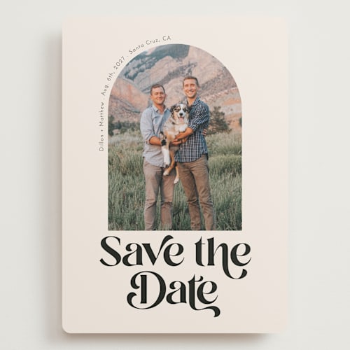 This is a desert save the date with standard by Morgan Kendall called retro arch printing on recycled smooth signature in grand