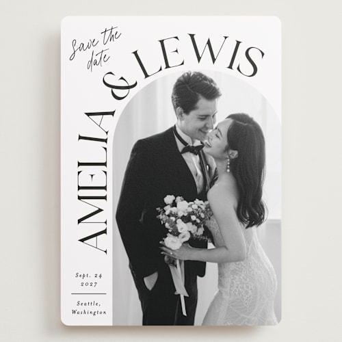 This is a ivory save the date with standard by Alethea and Ruth called side curve printing on recycled smooth signature in grand