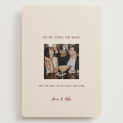 This is a burgundy save the date with standard by Ani Somi called center cut printing on recycled smooth signature in grand