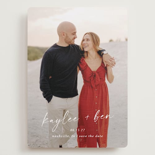This is a snow save the date with standard by Sarah Curry called lovely printing on recycled smooth signature in grand