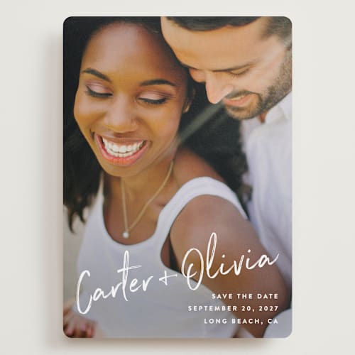 This is a pearl save the date with standard by Owl and Toad called signature printing on recycled smooth signature in grand