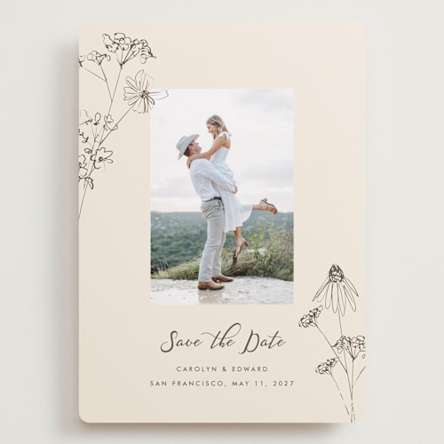 This is a sandpaper save the date with standard by Baumbirdy called sketched florals printing on recycled smooth signature in grand