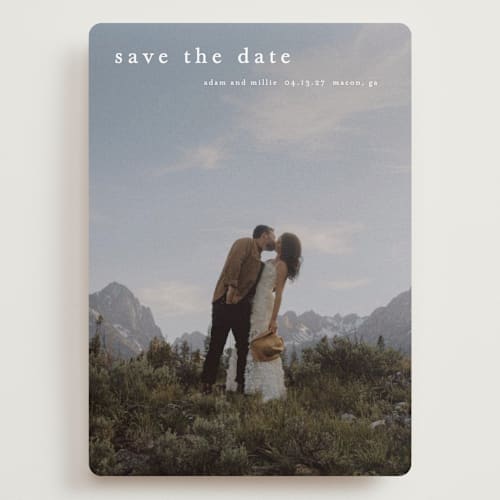 This is a cotton save the date with standard by Stacey Meacham called typographic header printing on recycled smooth signature in grand