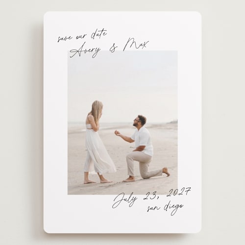 This is a pearl save the date with standard by Lindsay Megahed called joyful jot printing on recycled smooth signature in grand