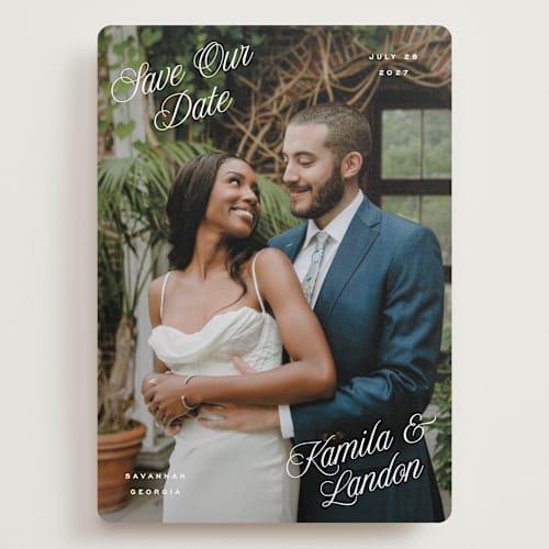 This is a cloud save the date with standard by Hooray Creative called all four corners printing on recycled smooth signature in grand