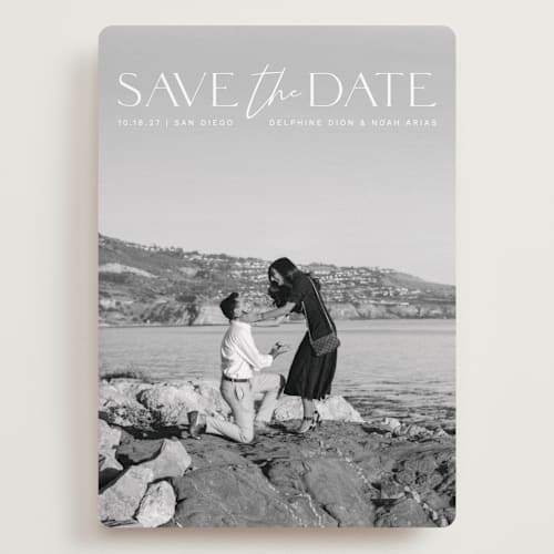 This is a moonstone save the date with standard by Olivia Raufman called breathtaking printing on recycled smooth signature in grand