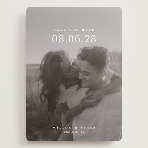 This is a moonstone save the date with standard by Lucrecia Caporale called classic big date printing on recycled smooth signature in grand