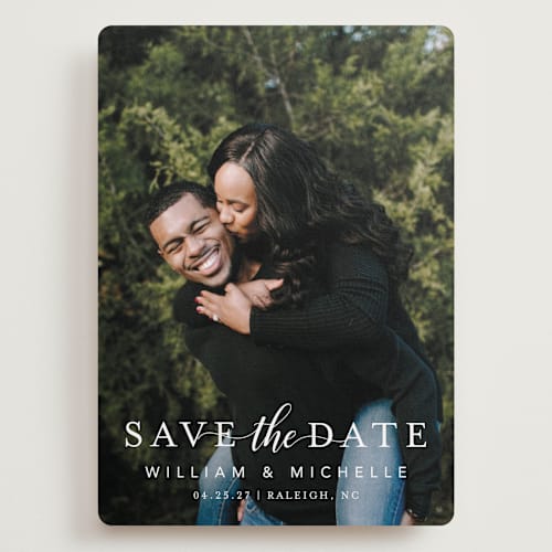 This is a snow save the date with standard by MC Designs called convey our love printing on recycled smooth signature in grand