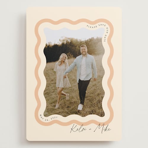 This is a seashell save the date with standard by Robert and Stella called wavy printing on recycled smooth signature in grand