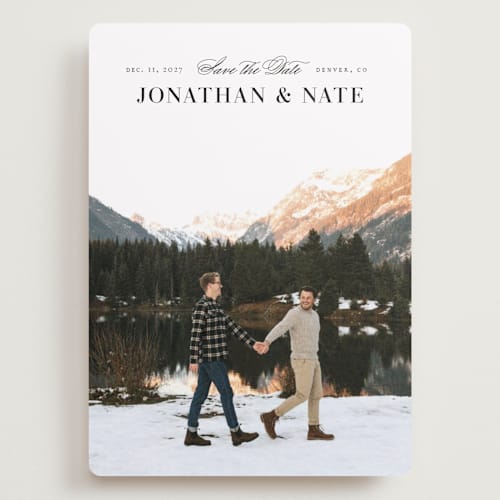 This is a onyx save the date with standard by Jennifer Postorino called centered printing on recycled smooth signature in grand