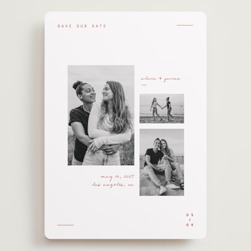 This is a verona sunset save the date with standard by Blustery August called alaia printing on recycled smooth signature in grand