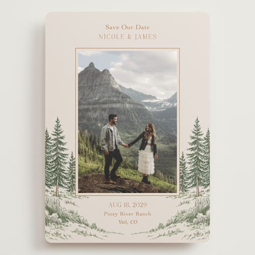 This is a forest save the date with standard by Elly called whispering pines printing on recycled smooth signature in grand