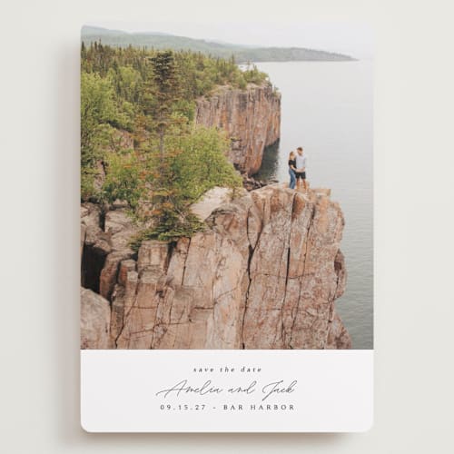 This is a snow save the date with standard by Kaydi Bishop called composition printing on recycled smooth signature in grand