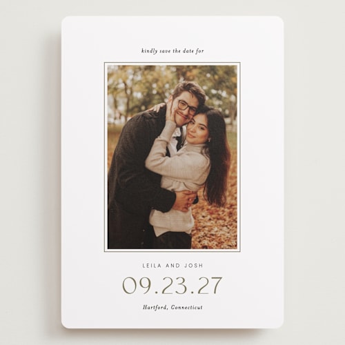 This is a olive save the date with standard by Sara Hicks Malone called brampton printing on recycled smooth signature in grand