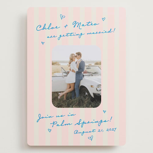 This is a pink grapefruit save the date with standard by Jackie Crawford called the right stripes printing on recycled smooth signature in grand