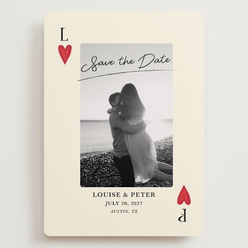 This is a champagne save the date with standard by Helena Vitto called red hearts printing on recycled smooth signature in grand