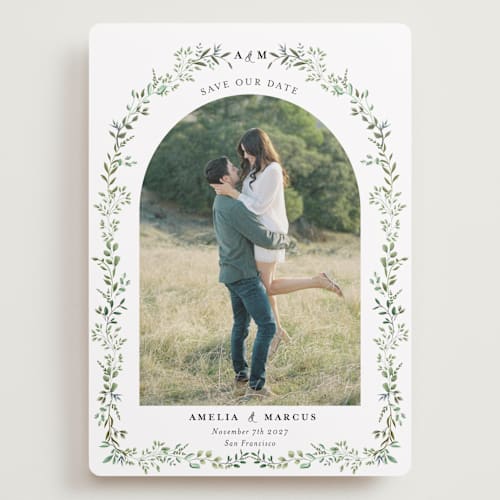 This is a mojito save the date with standard by Susan Moyal called monogramed arch printing on recycled smooth signature in grand