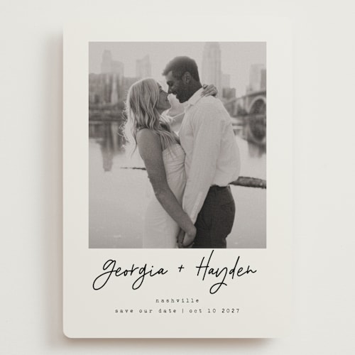 This is a ivory save the date with standard by Susan Brown called nashville printing on recycled smooth signature in grand