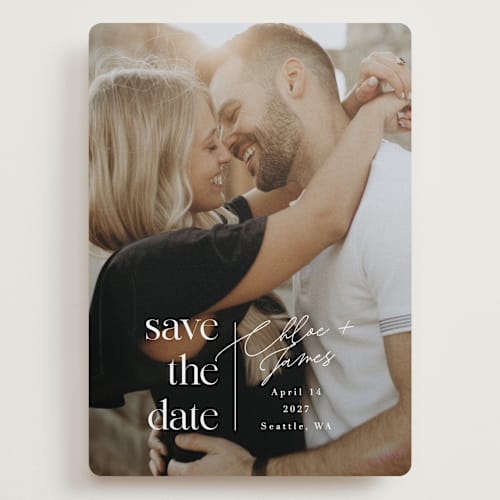 This is a pearl save the date with standard by Alethea and Ruth called simple detail stacks printing on recycled smooth signature in grand