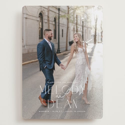 This is a frost save the date with standard by Kim Thoa called let's walk together printing on recycled smooth signature in grand