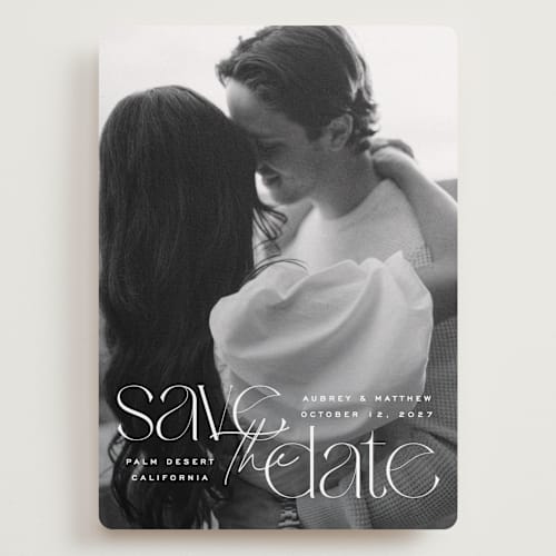 This is a moonstone save the date with standard by Owl and Toad called type layers printing on recycled smooth signature in grand
