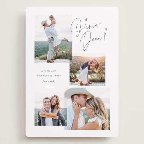 This is a licorice save the date with standard by Jessica Williams called collected gallery printing on recycled smooth signature in grand