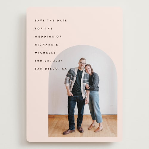 This is a blush save the date with standard by Katie Zimpel called minimalist pop printing on recycled smooth signature in grand