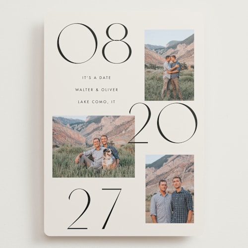 This is a cream save the date with standard by Baumbirdy called delicate date printing on recycled smooth signature in grand
