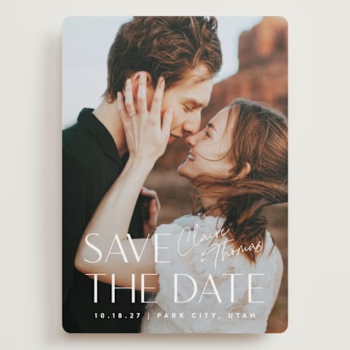 This is a cloud save the date with standard by Carolyn MacLaren called cover printing on recycled smooth signature in grand