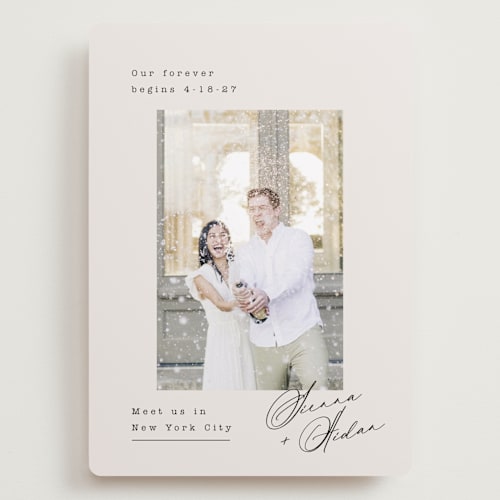 This is a latte save the date with standard by Kristie Kern called our forever printing on recycled smooth signature in grand