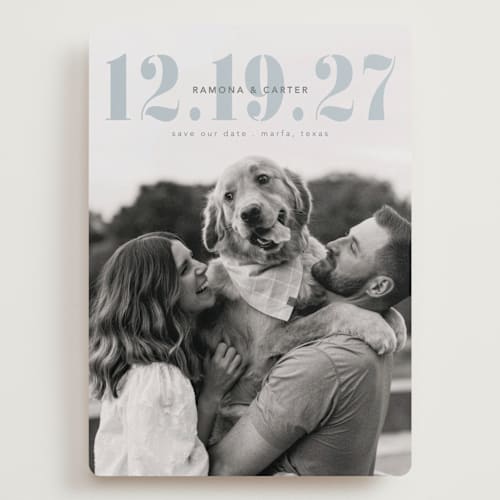 This is a capri save the date with standard by Deynaaz Daraei called aster printing on recycled smooth signature in grand