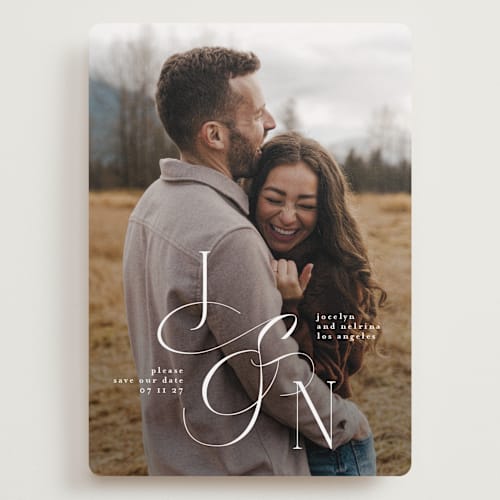 This is a ivory save the date with standard by Phrosné Barwood called beautiful monogram printing on recycled smooth signature in grand