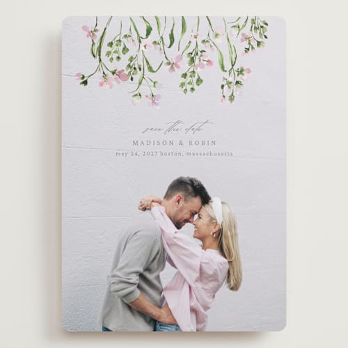 This is a petunia save the date with standard by Claudia Orengo called growing together printing on recycled smooth signature in grand