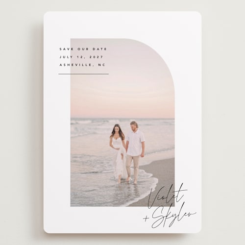 This is a silk save the date with standard by Kelly Schmidt called small corner printing on recycled smooth signature in grand