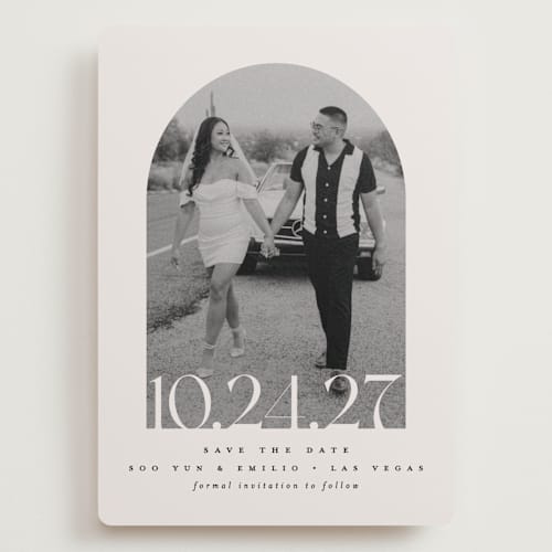 This is a latte save the date with standard by Brooke Chandler called era printing on recycled smooth signature in grand