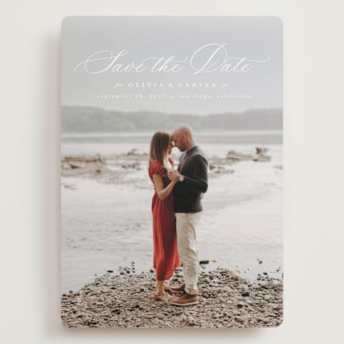 This is a cloud save the date with standard by Ashlee Townsend called enchanted love printing on recycled smooth signature in grand