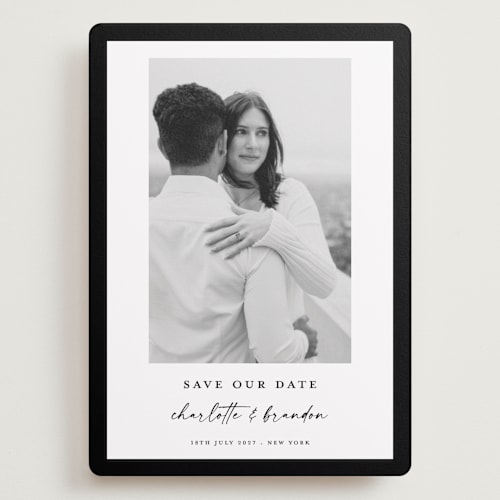 This is a onyx save the date with standard by Devika Keskar called main event printing on recycled smooth signature in grand