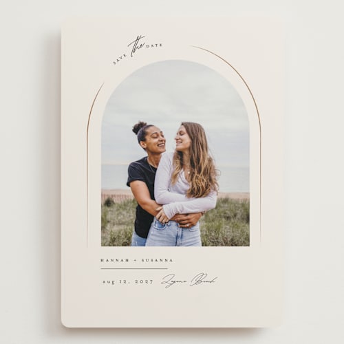 This is a champagne save the date with standard by Benita Crandall called l'arch printing on recycled smooth signature in grand