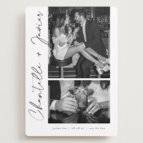 This is a onyx save the date with standard by Sarah Curry called ink pen printing on recycled smooth signature in grand