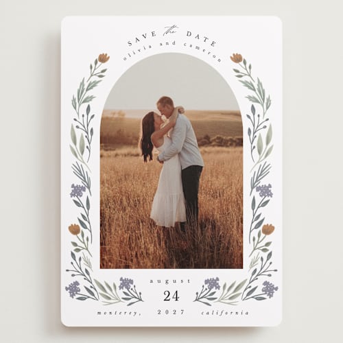 This is a rust save the date with standard by Hannah Williams called floral arch printing on recycled smooth signature in grand