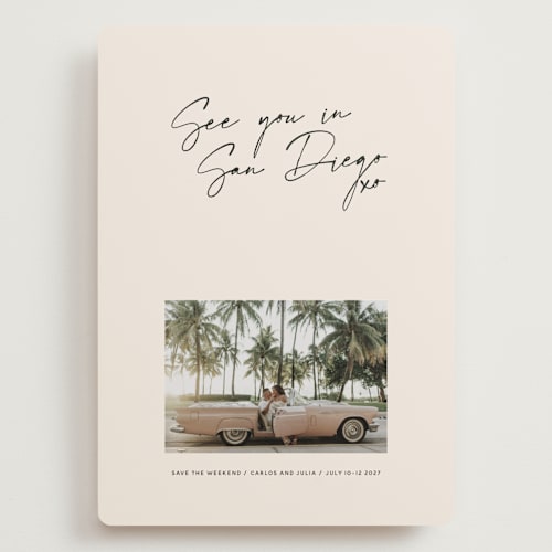 This is a mellow save the date with standard by Inkblot Design called heated printing on recycled smooth signature in grand