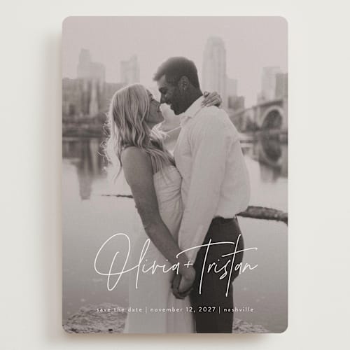 This is a pearl save the date with standard by Jessica Williams called signature pair printing on recycled smooth signature in grand