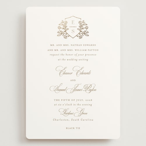 This is a ivory wedding invitations with foil pressed by Mansi Verma called gold crest printing on signature in grand