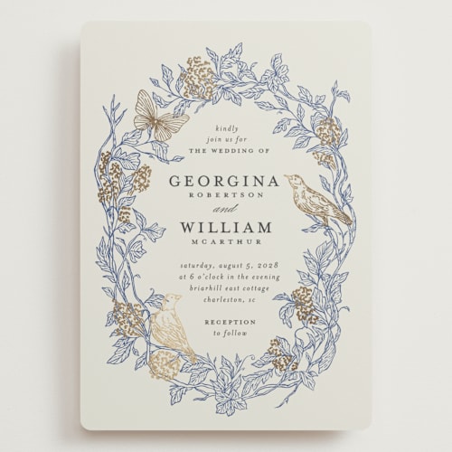 This is a cornflower wedding invitations with foil pressed by Grae called meet me in the garden printing on signature in grand