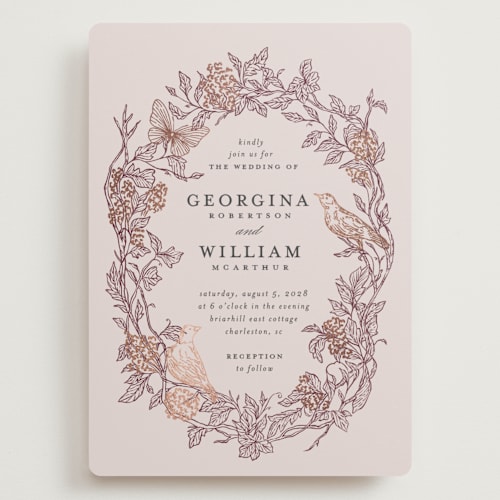 This is a merlot wedding invitations with foil pressed by Grae called meet me in the garden printing on signature in grand